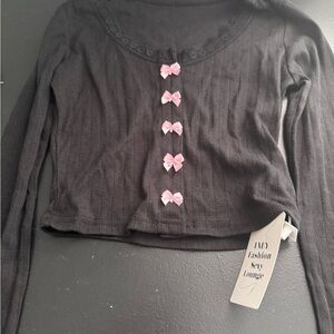 Black Long Sleeve Tee with Pink Bow Accents